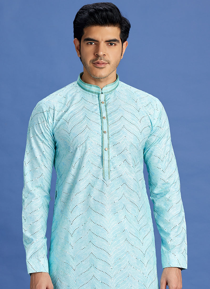 Cotton Teal Green Festival Wear Embroidery Work Kurta Pajama