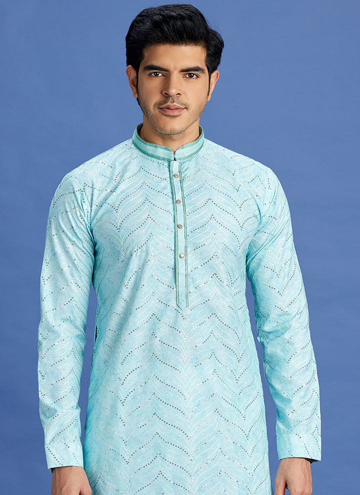 Cotton Teal Green Festival Wear Embroidery Work Kurta Pajama