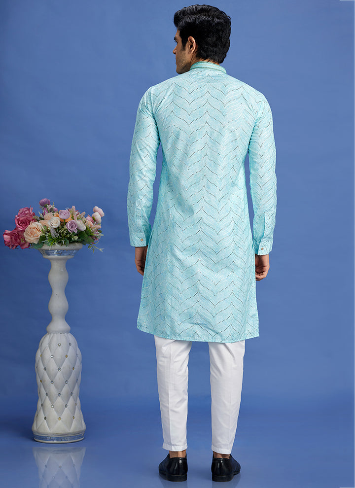 Cotton Teal Green Festival Wear Embroidery Work Kurta Pajama