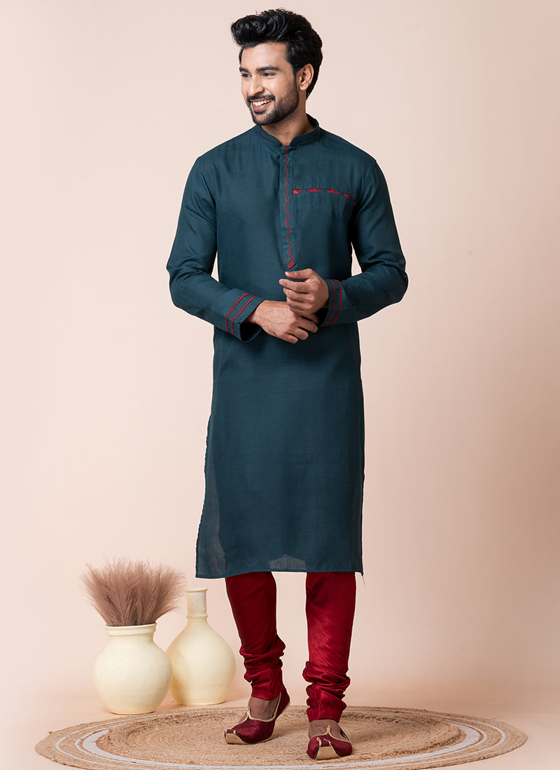 Cotton Teal Green Festival Wear Printed Readymade Kurta Pajama