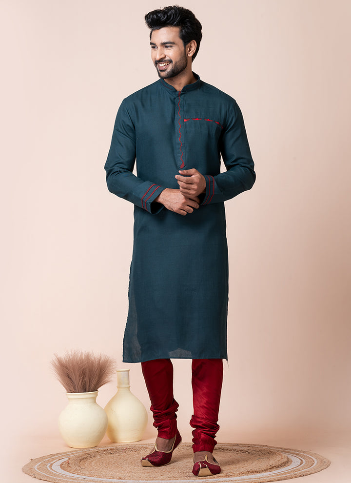 Cotton Teal Green Festival Wear Printed Readymade Kurta Pajama