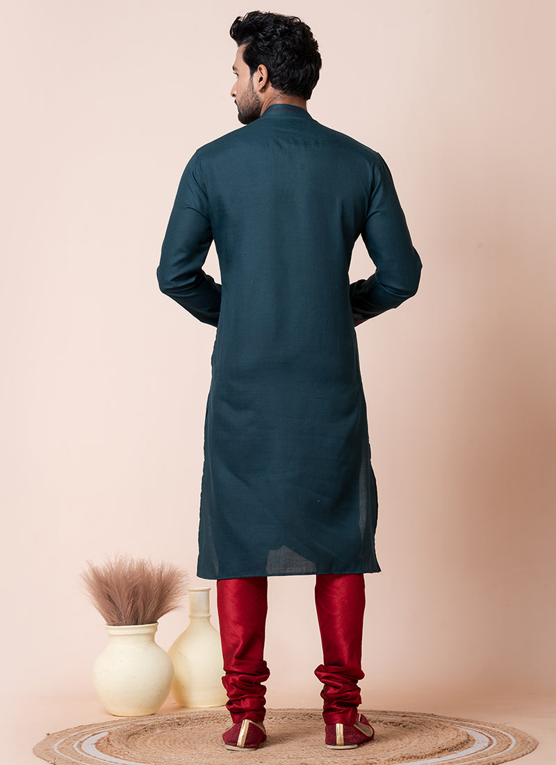 Cotton Teal Green Festival Wear Printed Readymade Kurta Pajama