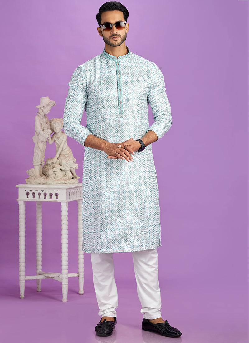 Semi Cotton Teal Green Traditional Wear Digital Printed Kurta Pajama