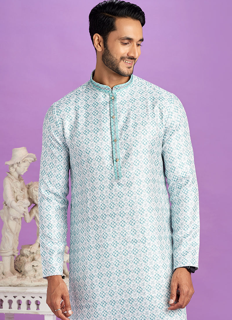 Semi Cotton Teal Green Traditional Wear Digital Printed Kurta Pajama