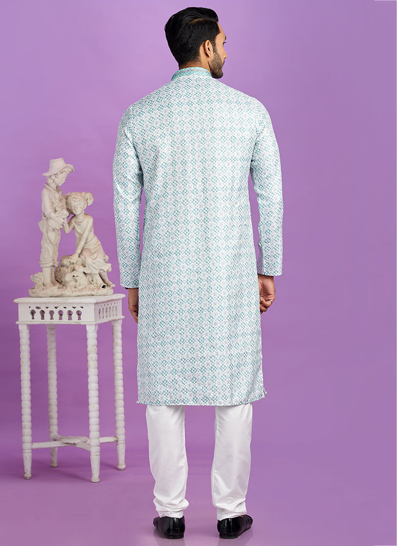 Semi Cotton Teal Green Traditional Wear Digital Printed Kurta Pajama