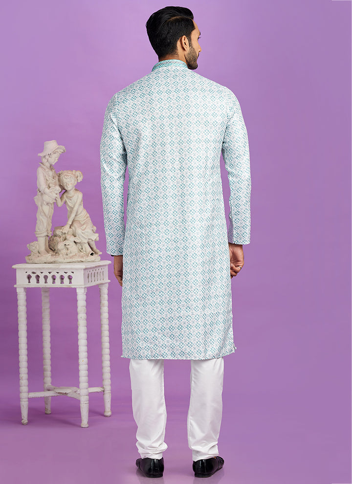 Semi Cotton Teal Green Traditional Wear Digital Printed Kurta Pajama