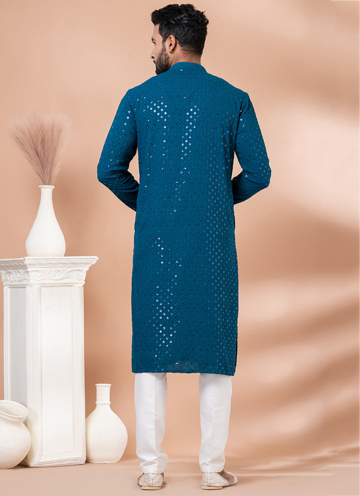 Viscose Rayon Teal Green Festival Wear Embroidery Work Readymade Kurta Pajama