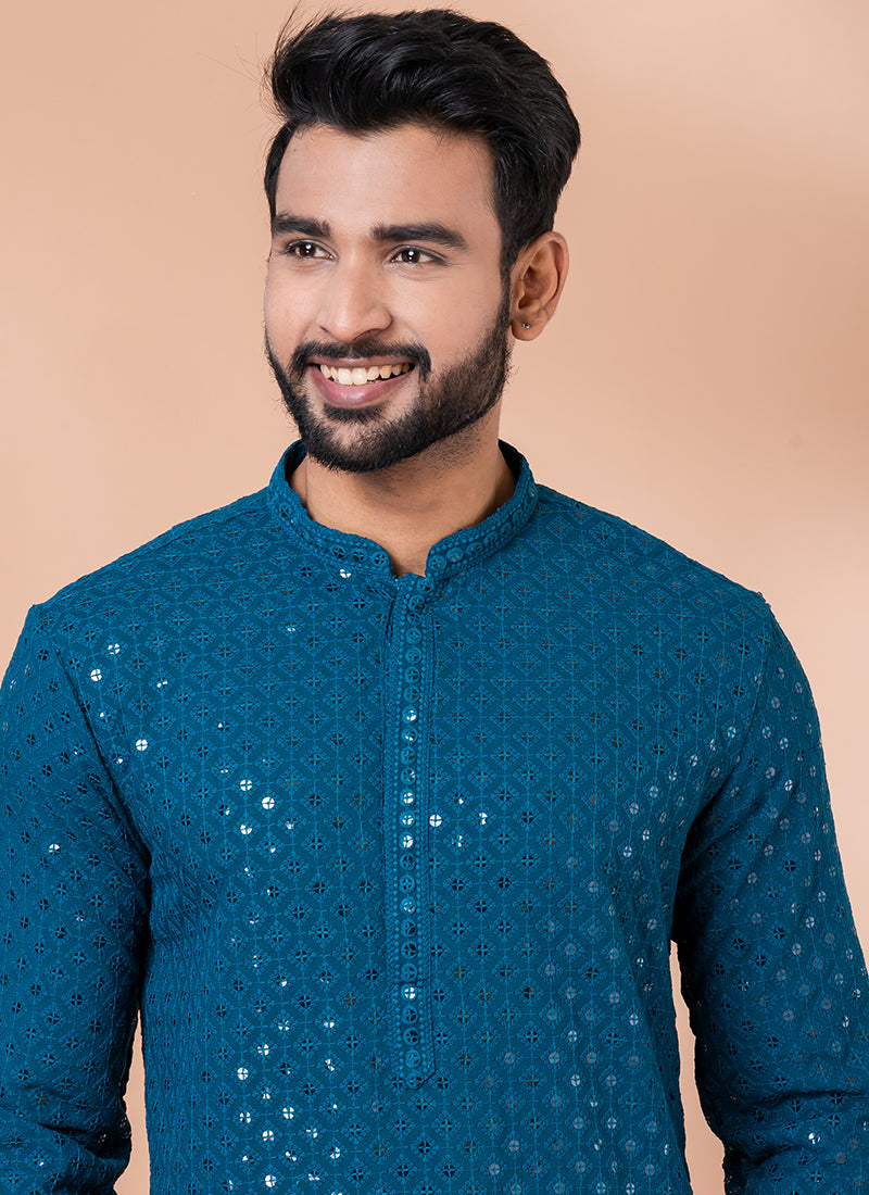 Viscose Rayon Teal Green Festival Wear Embroidery Work Readymade Kurta Pajama