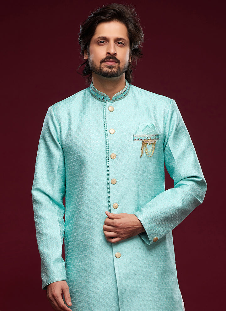 Turquoise Blue Banarasi Jacquard Tradional Wear Weaving Peshawari Indo Western