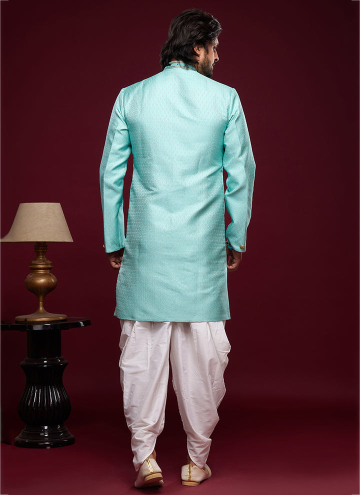 Turquoise Blue Banarasi Jacquard Tradional Wear Weaving Peshawari Indo Western