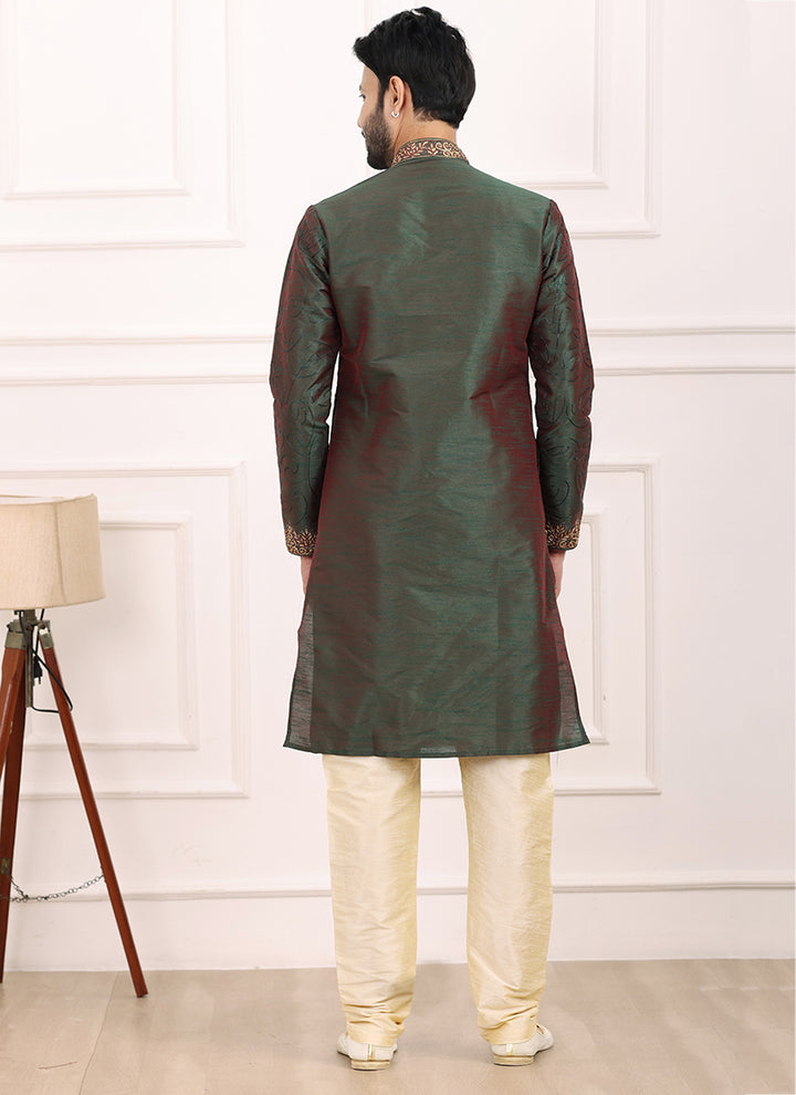 Two Tone Green Maroon Art Banarasi Silk Festival Wear Thread Work Kurta Pajama