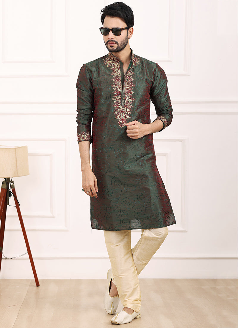 Two Tone Green Maroon Art Banarasi Silk Festival Wear Thread Work Kurta Pajama