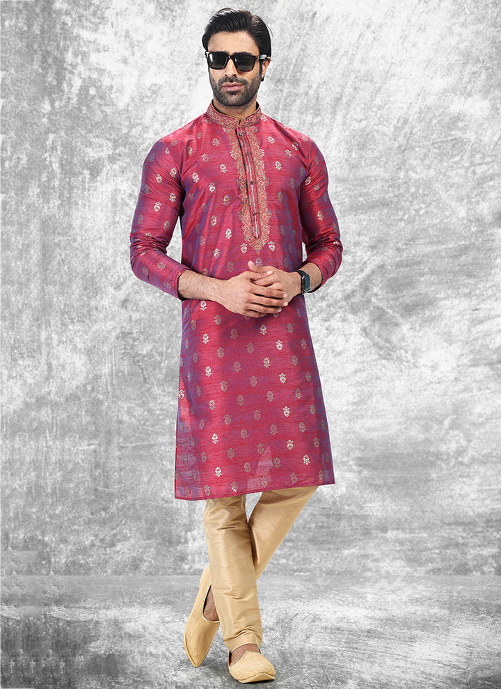 Two Tone Rani Jacquard Brocade Silk Traditional Wear Thread Work Kurta Pajama