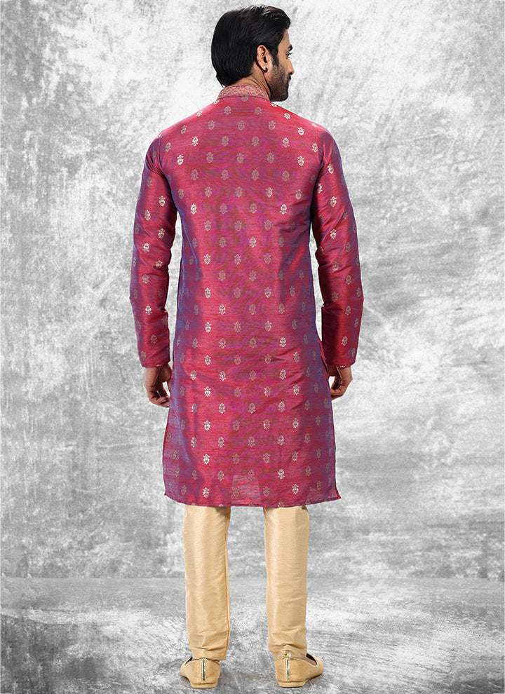Two Tone Rani Jacquard Brocade Silk Traditional Wear Thread Work Kurta Pajama