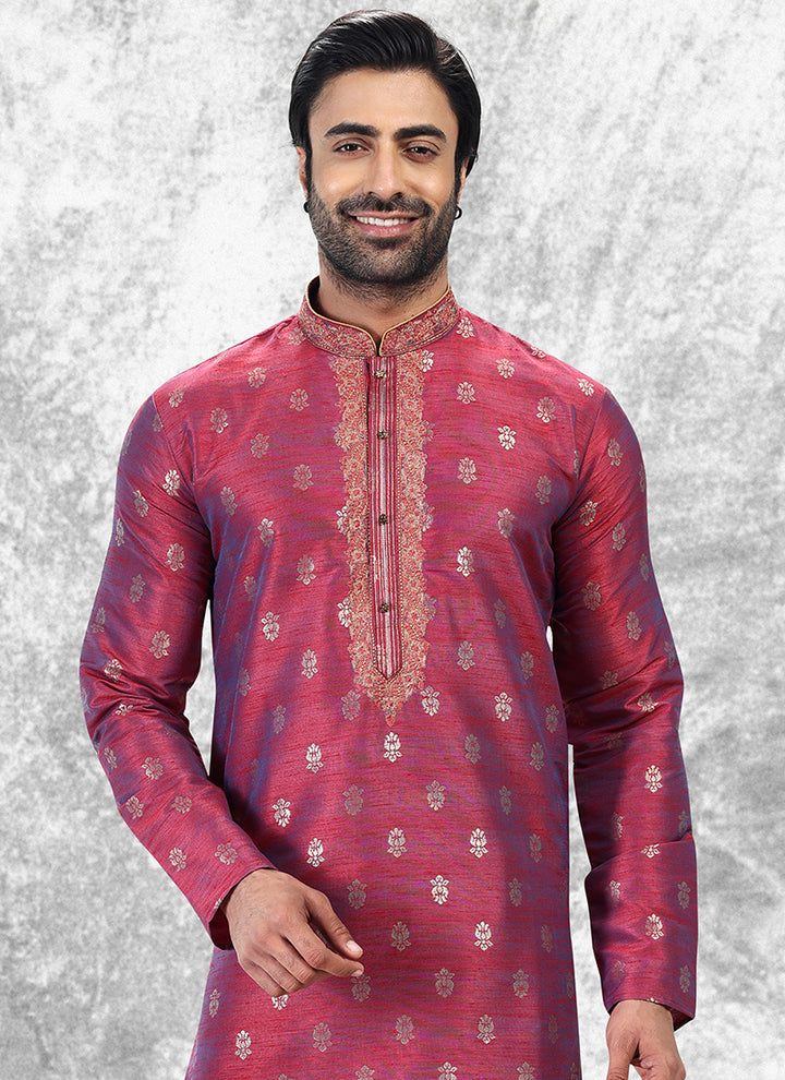 Two Tone Rani Jacquard Brocade Silk Traditional Wear Thread Work Kurta Pajama