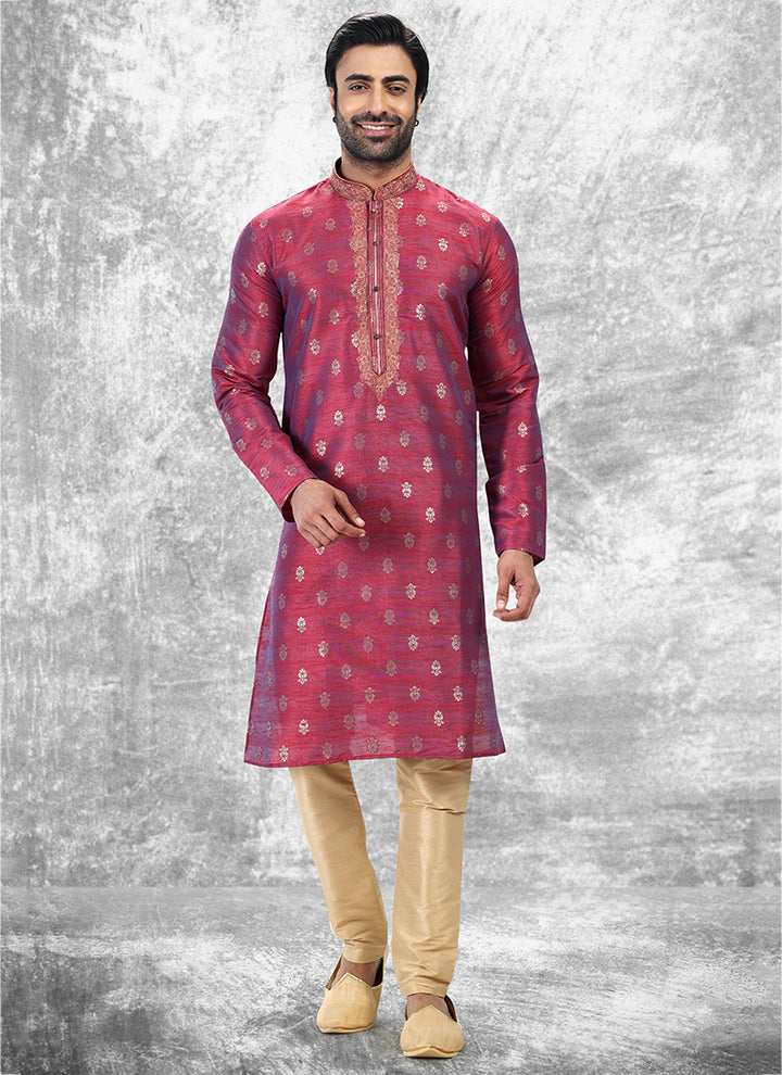 Two Tone Rani Jacquard Brocade Silk Traditional Wear Thread Work Kurta Pajama