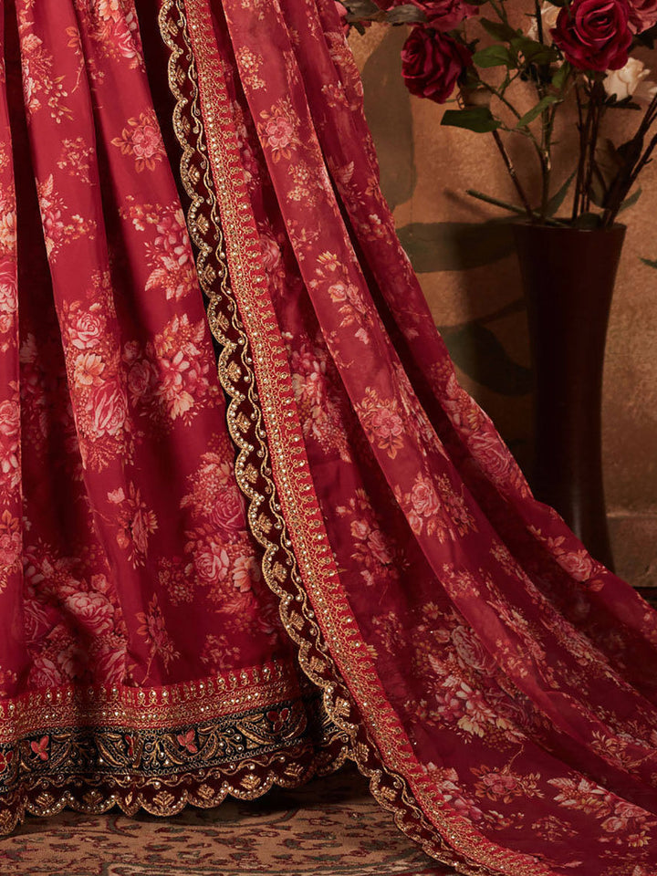 Maroon Floral Printed Organza Wedding Lehenga Choli