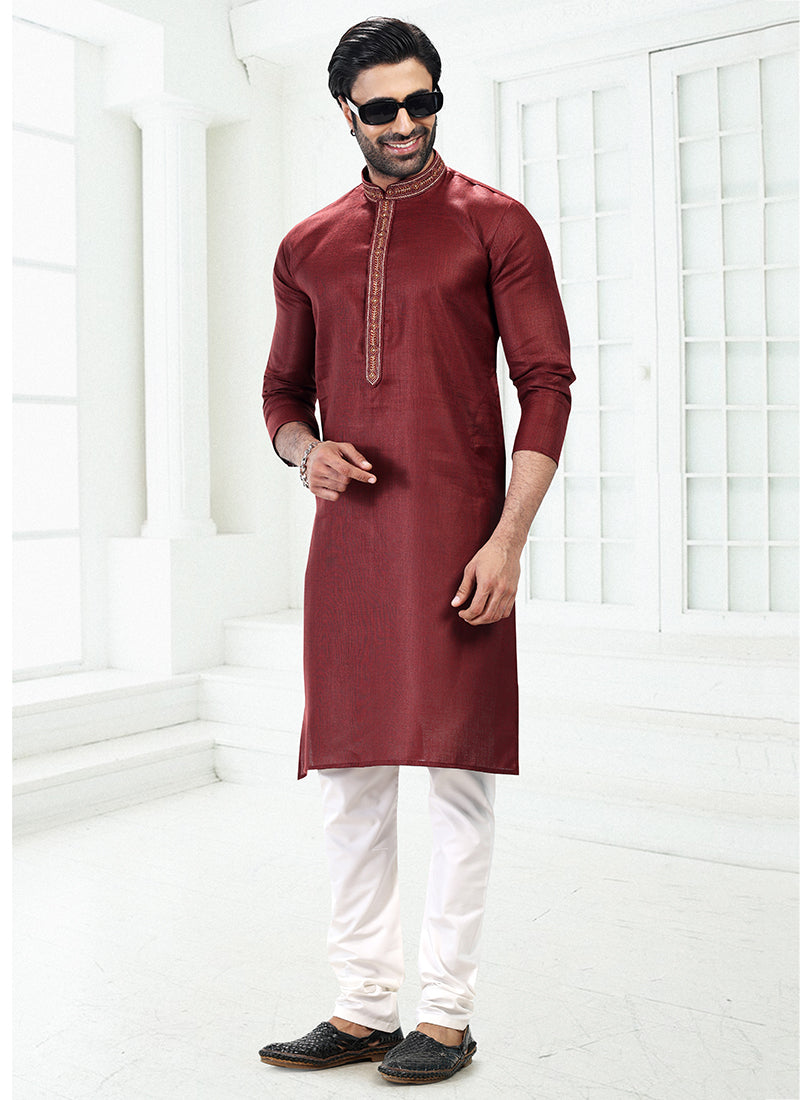 WINE Linen Cotton Traditional Wear Thread Work Kurta Pajama