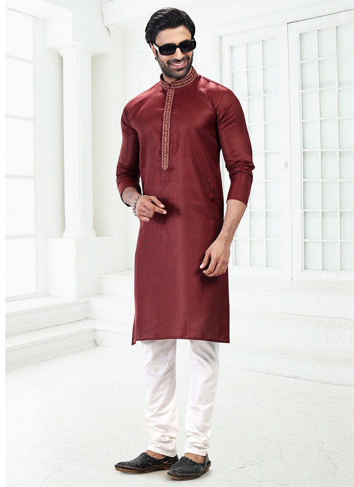 WINE Linen Cotton Traditional Wear Thread Work Kurta Pajama