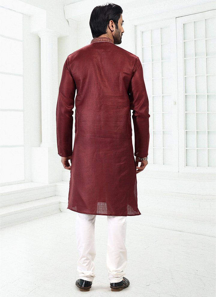 WINE Linen Cotton Traditional Wear Thread Work Kurta Pajama