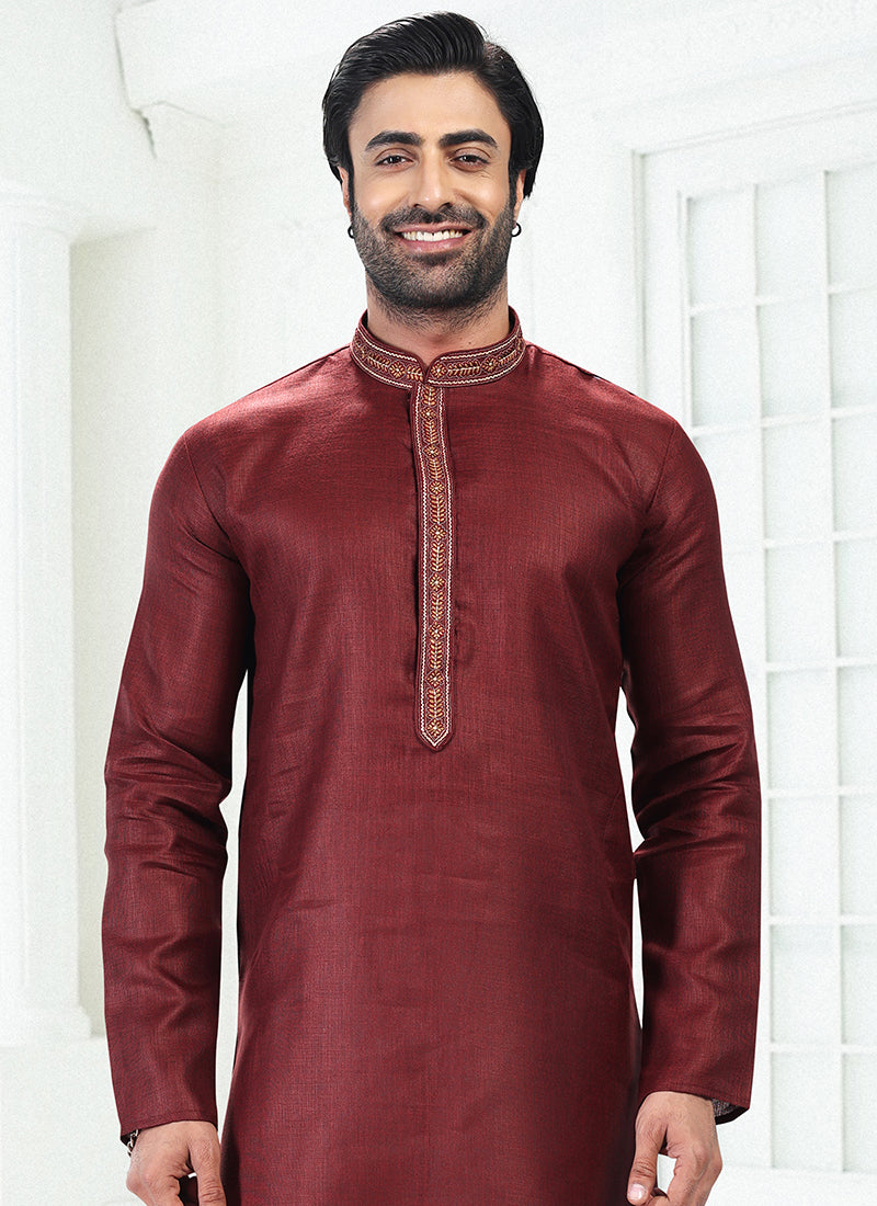 WINE Linen Cotton Traditional Wear Thread Work Kurta Pajama