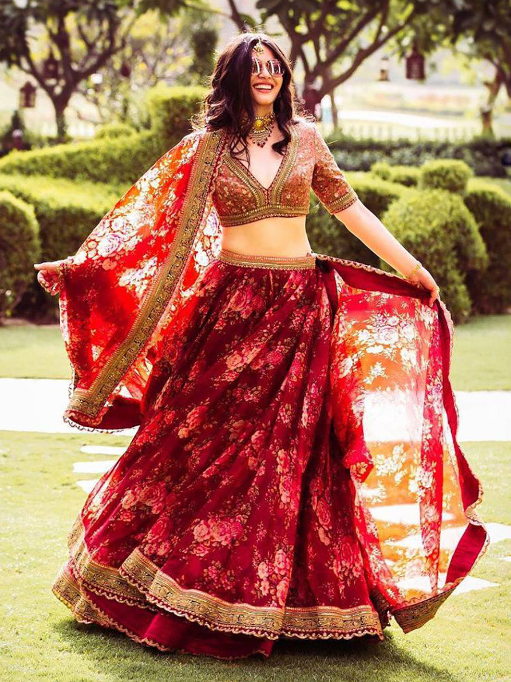 Maroon Floral Printed Organza Wedding Lehenga Choli