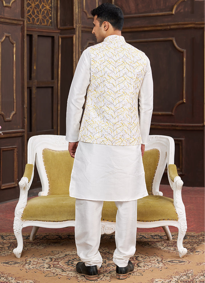 Banarasi Silk While Wedding Wear Digital Print Radymade Modi Jacket Kurta Pajama