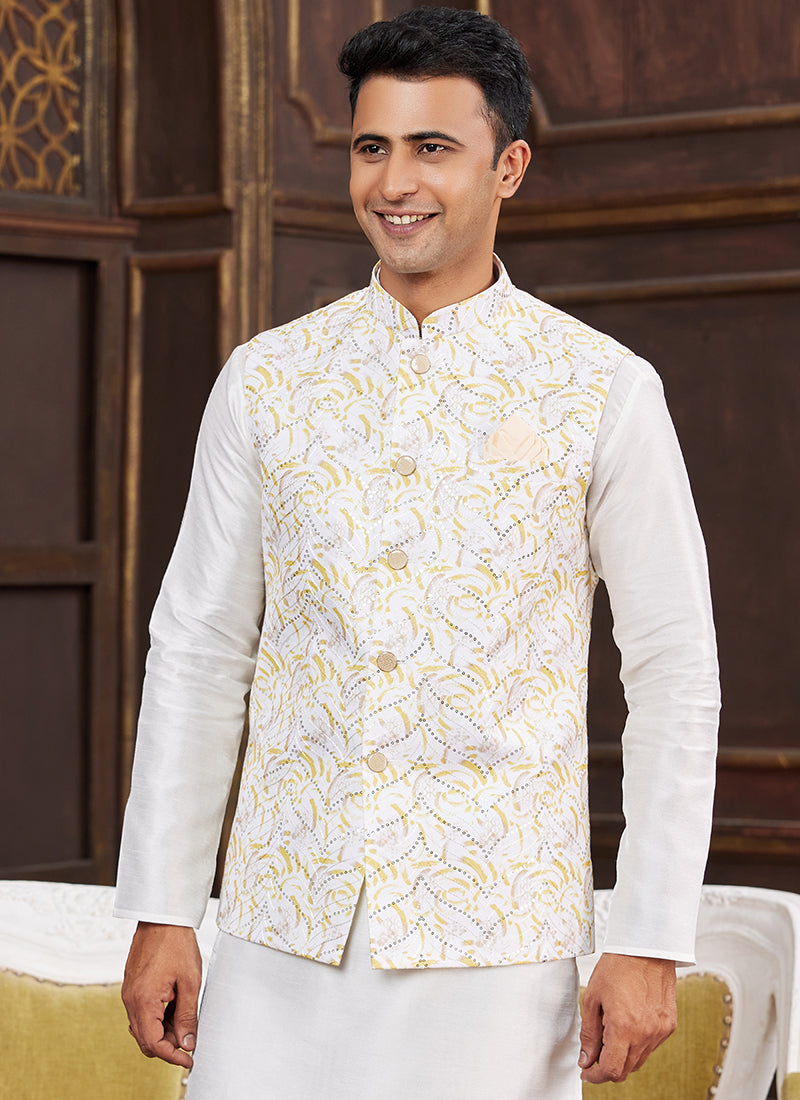 Banarasi Silk While Wedding Wear Digital Print Radymade Modi Jacket Kurta Pajama