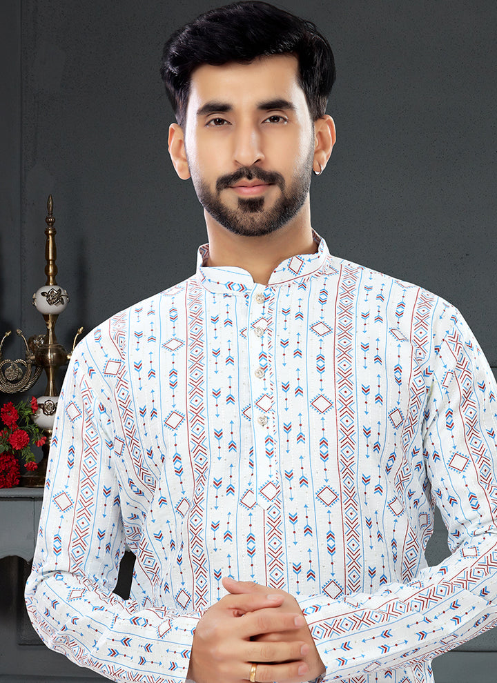 White  Multi Color Silk Traditional Wear Digital Printed Kurta Pajama
