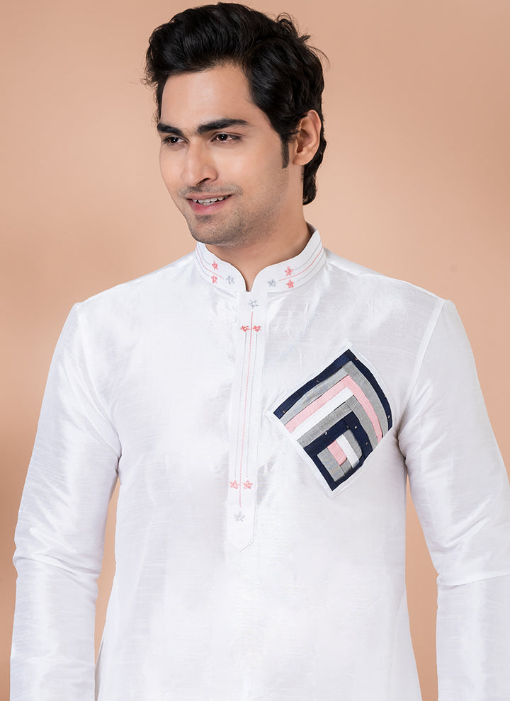 Banarasi Dhupion White Festival Wear Weaving Kurta Pajama