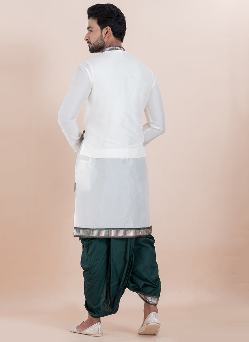 Banarasi Dhupion Silk White Festival Wear Thread Work Readymade Kurta With Dhoti