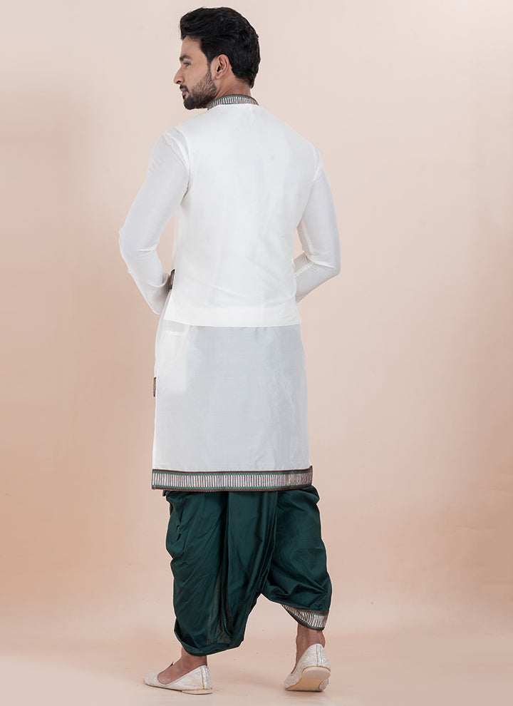 Banarasi Dhupion Silk White Festival Wear Thread Work Readymade Kurta With Dhoti