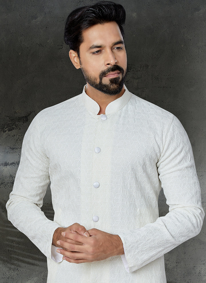 White Cotton Festival Wear Embroidery Work Kurta Pajama