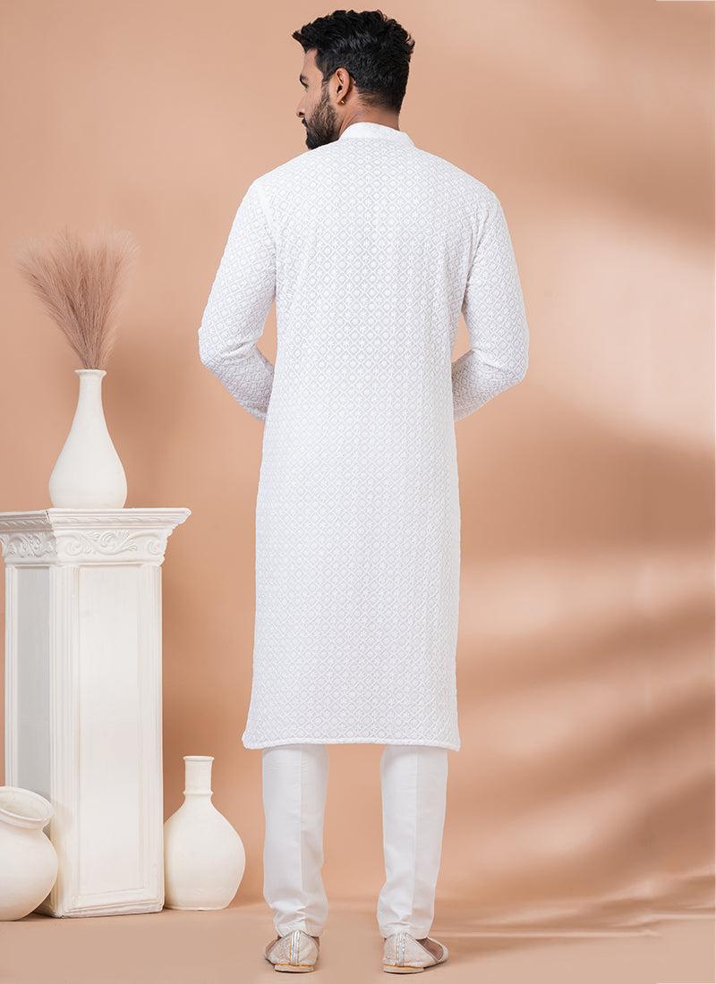 Embroidery Georgette White Traditional Wear Weaving Kurta Pajama