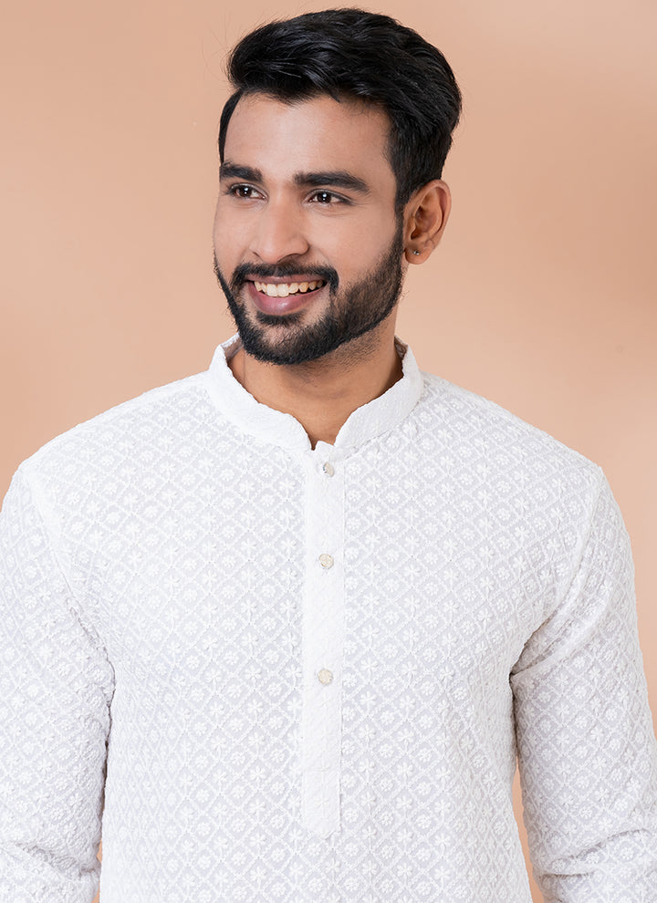 Embroidery Georgette White Traditional Wear Weaving Kurta Pajama