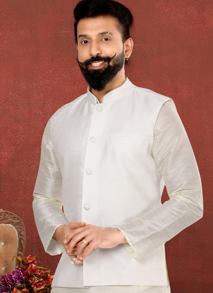 Dhupion Silk White Festival Wear Embroidery Work Readymade Men's Waist Coat