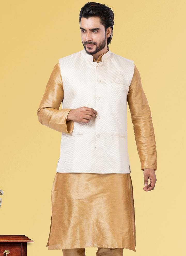 Dimond Fabric White Festival Wear Embroidery Work Readymade Men's Waistcoat