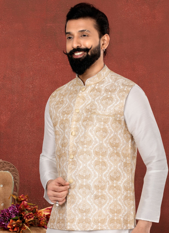 Embroidered Dhupion Silk White Festival Wear Embroidery Work Readymade Men's Waist Coat