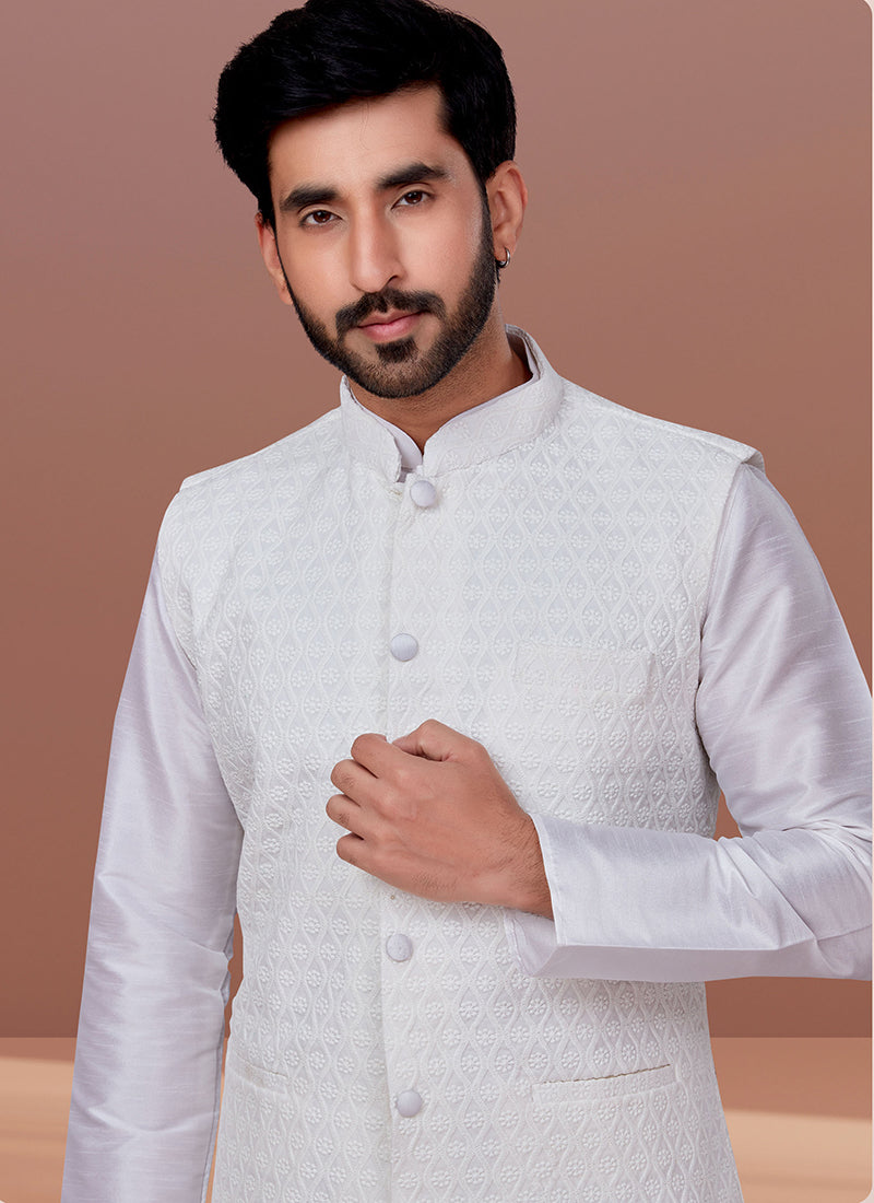 Embroidered Georgette White Festival Wear Embroidery Work Readymade Men's Waist Coat