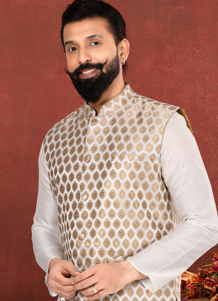 Jacquard Silk White Festival Wear Embroidery Work Readymade Men's Waist Coat