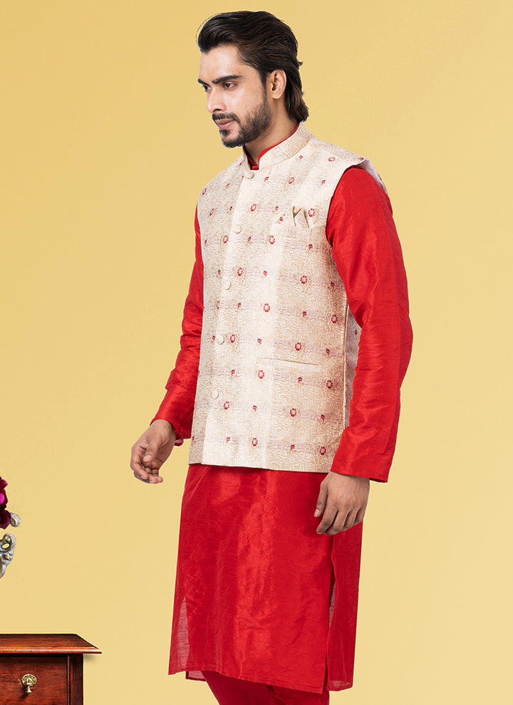 Jacquard Silk White Festival Wear Embroidery Work Readymade Men's Waistcoat