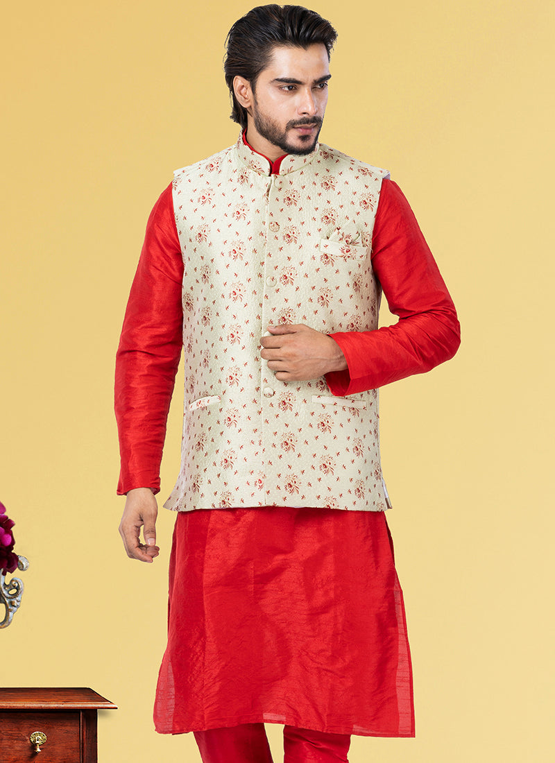 Jacquard Silk White Festival Wear Embroidery Work Readymade Men's Waistcoat