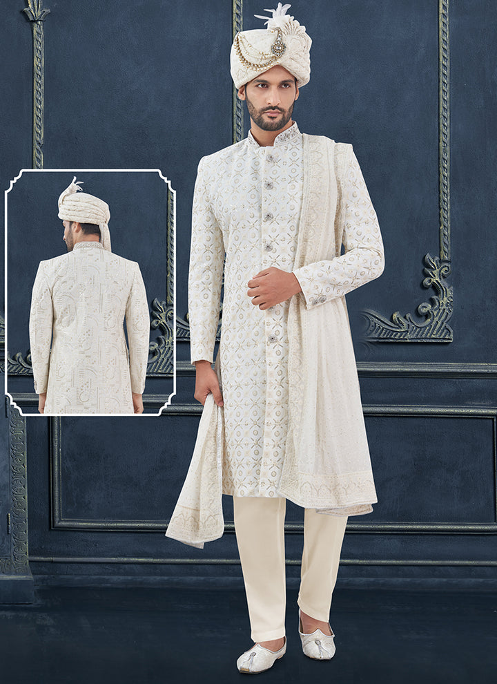 Georgette White Groom Wear Hand Work Readymade Sherwani With Turban