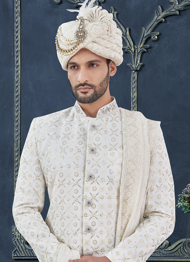 Georgette White Groom Wear Hand Work Readymade Sherwani With Turban
