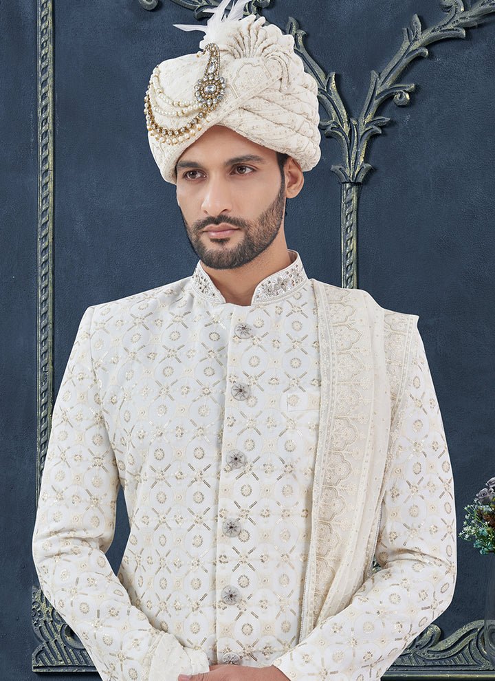 Georgette White Groom Wear Hand Work Readymade Sherwani With Turban