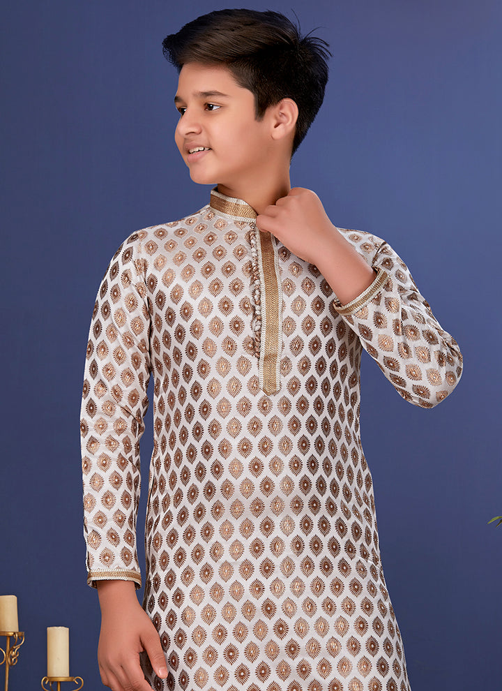 Jacquard Silk White Wedding Wear Weaving Readymade Kurta Pajama