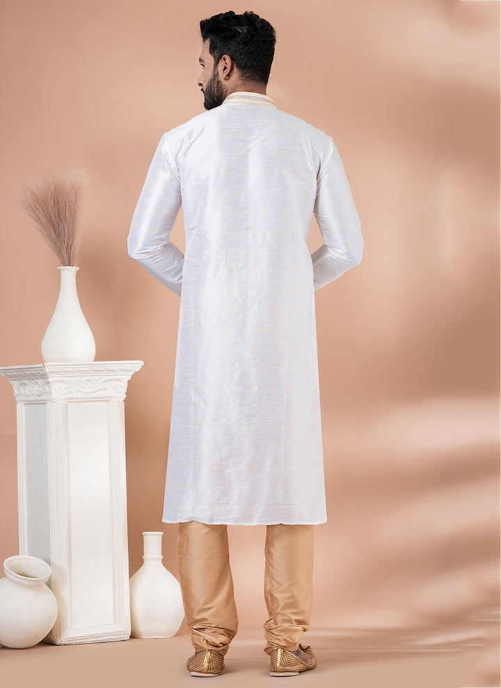 Jacquard White Traditional Wear Weaving Kurta Pajama