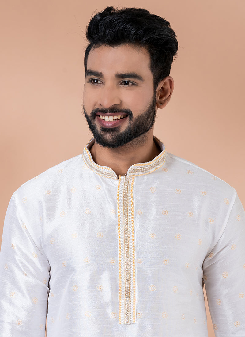 Jacquard White Traditional Wear Weaving Kurta Pajama