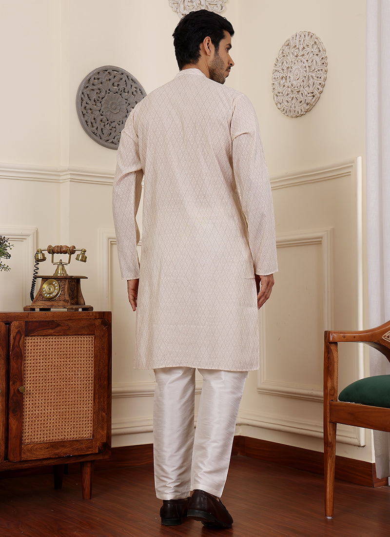 Modal Silk White Traditional Wear Weaving  Readymade Kurta Pajama