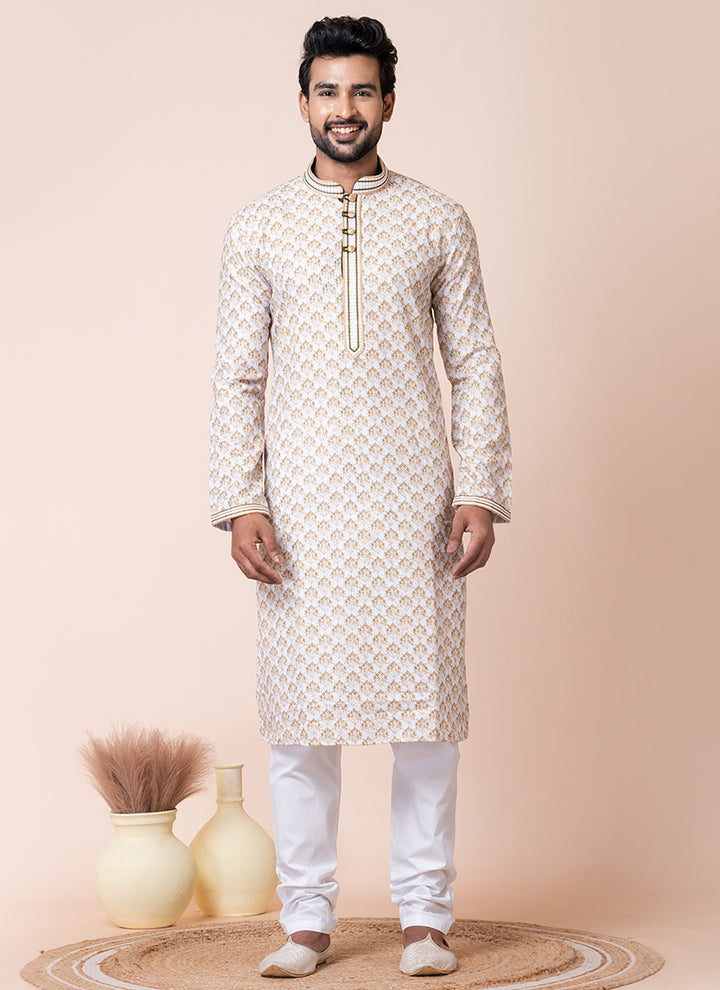 Mono Cotton  White Festival Wear Printed Readymade Kurta Pajama